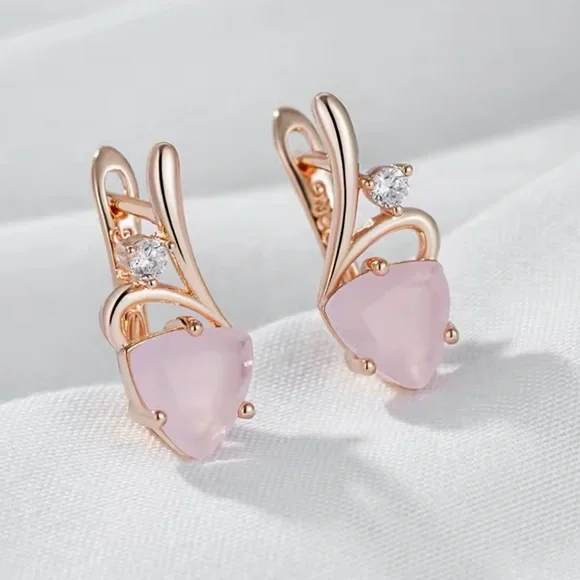 Beautiful Rose Gold 585RG Pink Natural Gem Zircon Heart Design Earrings - Picture 5 of 9
